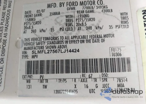 2007 Lincoln Navigator L from USA, damaged, VIN 5LMFL27567LJ14424